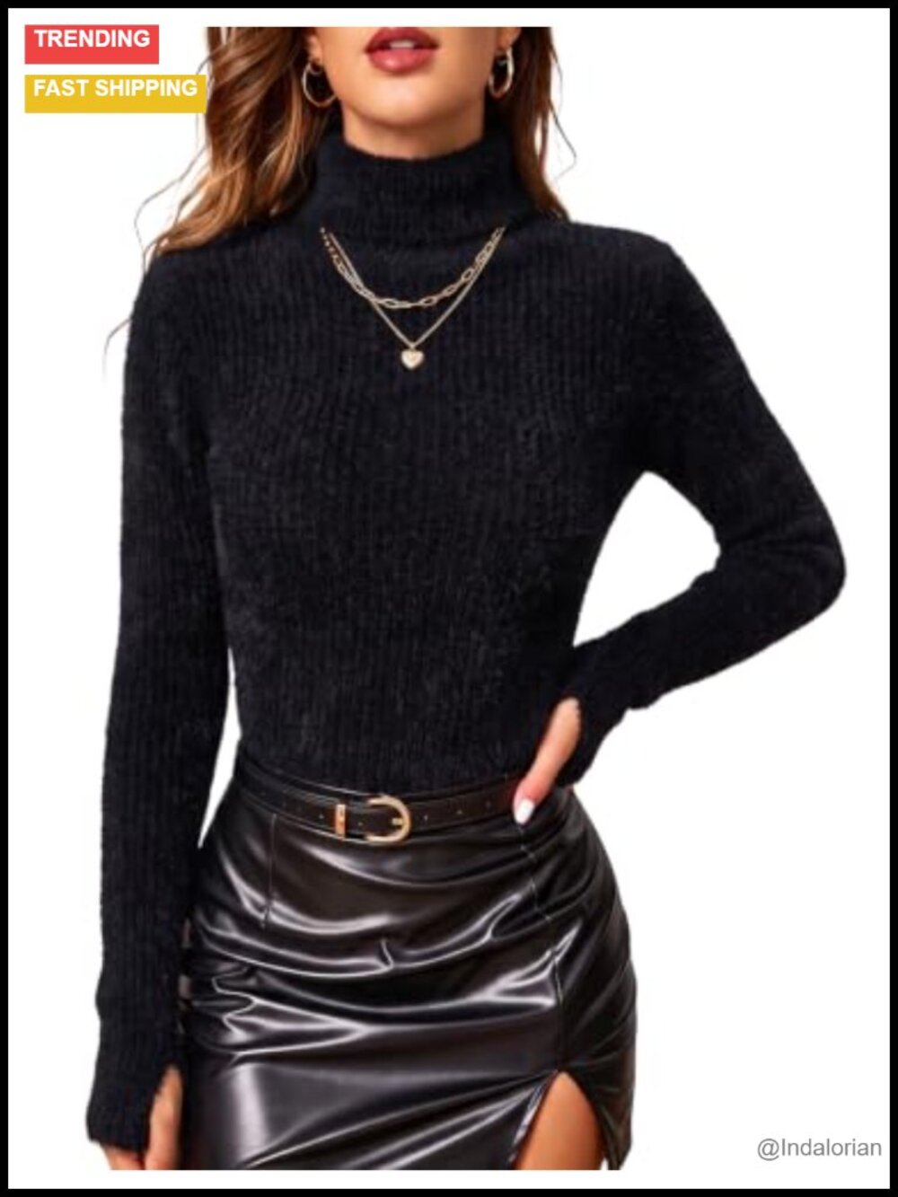 Fuzzy Cropped Knit Turtleneck Sweater with Thumb Holes
